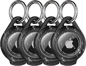 Waterproof Airtag Holder - 4 Pack Airtag Keychain Holder Compatible with Apple AirTags, Ultra Durable Anti-Scratches Protective Case with Keyring for Luggage, Backpack, Pet, Bag, Black