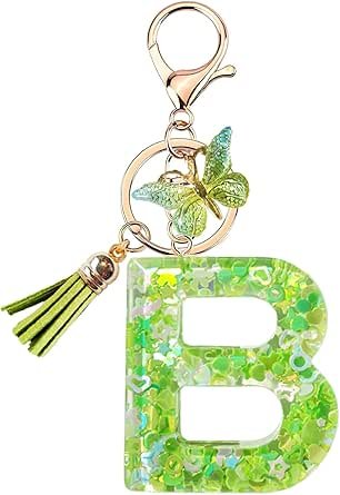 Initial Letter Keychains for Women Purple Pink Keychain with Butterfly Purse Charms for Handbags Cute Tassel Keychain